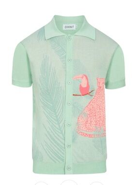 OXKNIT Tropical Jungle Knit Shirt-Mint Green Button-Up with Toucan and Leopard M